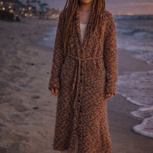 Fraîche Vintage 100% Wool Hand Knit Belted Long Cardigan Sweater Duster Size L